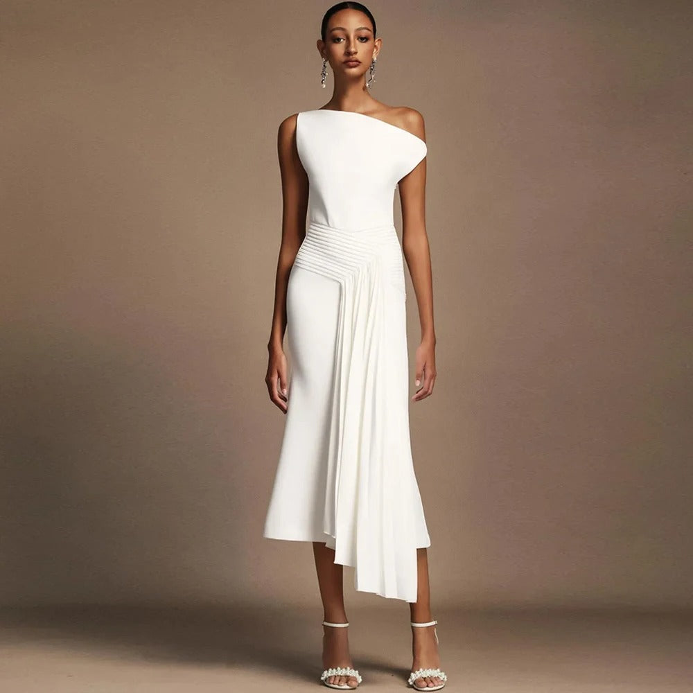 Dea White Drape — Abito Monospalla con Drappeggio